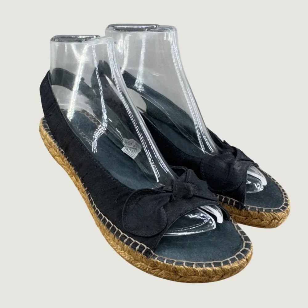 Eric‎ Michael Black Espadrille Wedge Sandals 39 8.5 Slingback Bow Made in Spain
